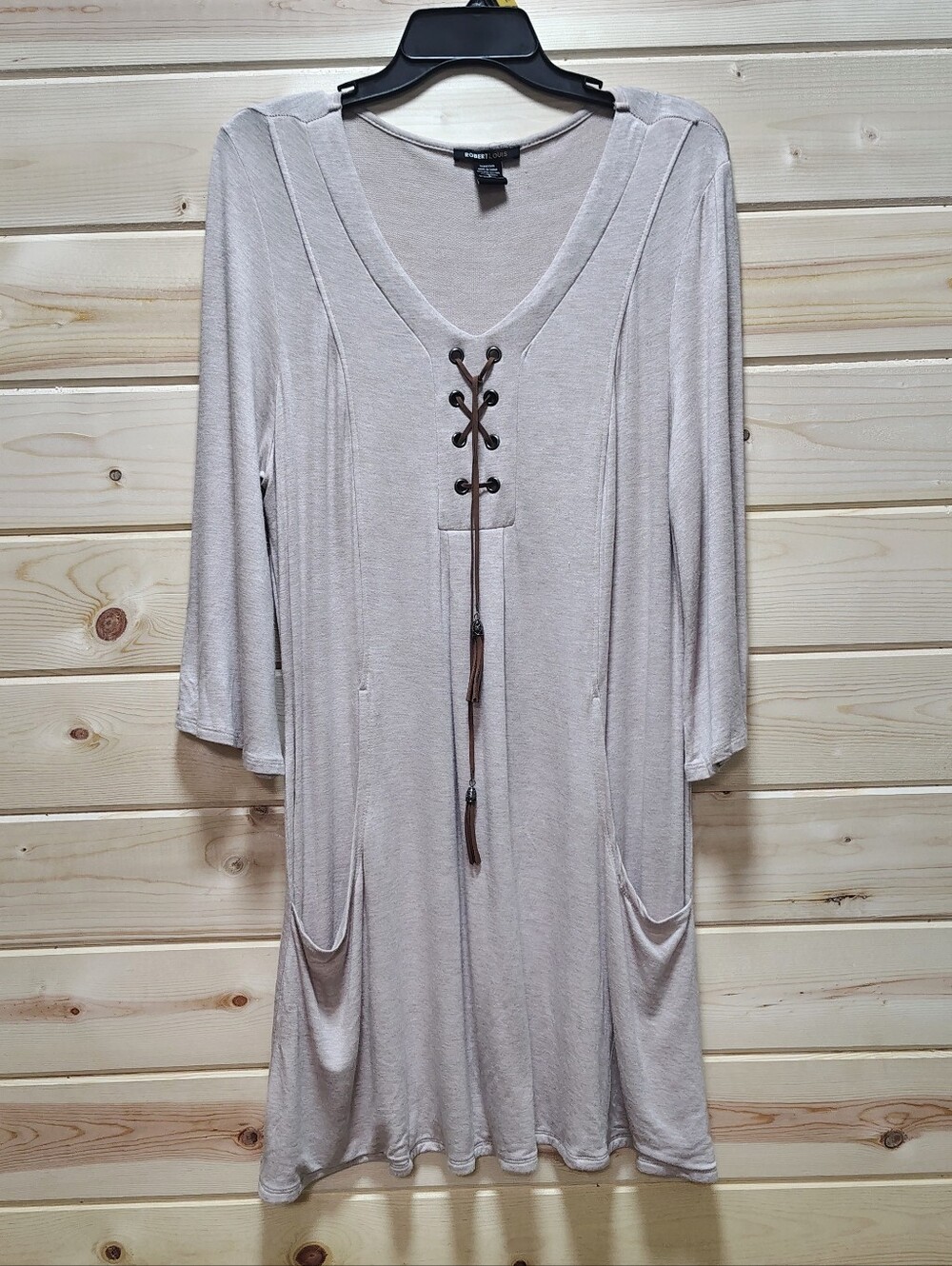 Robert Louis Lace Up Tunic Dress Large Taupe Boho Pocket 3/4 Sleeve Lagonlook